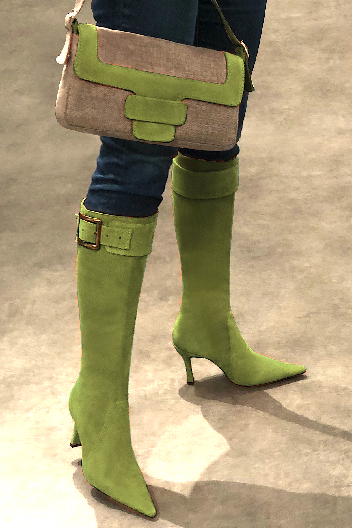 Women's caramel brown and pistachio green small luxurious elegant handbag. - Worn view